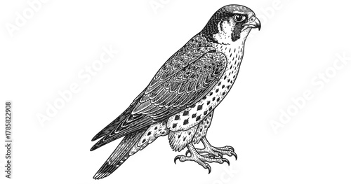 Detailed falcon portrait: hand-drawn black and white bird sketch