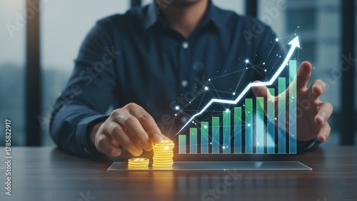 A hands placing golden digital coins with rising holographic charts showing growth, productivity and efficiency