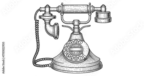 Vintage rotary phone in detailed retro sketch style