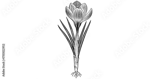 Elegant etched crocus flower on white background