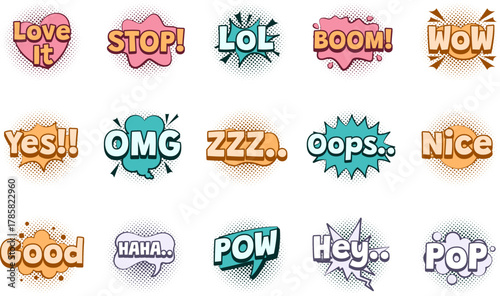 Comic speech bubble element set. Includes of dialogue, pop art, message, conversation, cartoon, and More. Vector flat color collection