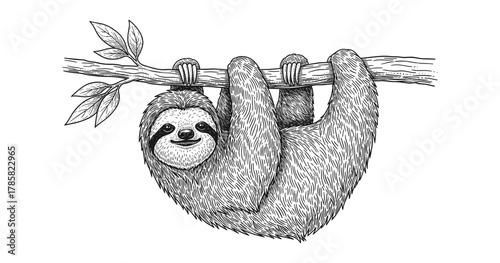 Detailed black and white sloth hanging on branch line art drawing