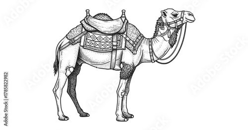 Detailed camel drawing with saddle in hand-drawn style for middle eastern themes