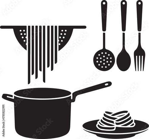 Pasta Making Tools Silhouette with Pot Colander Spoon Fork and Plate