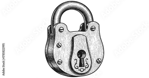 Intricate black and white vintage padlock with keyhole design engraving
