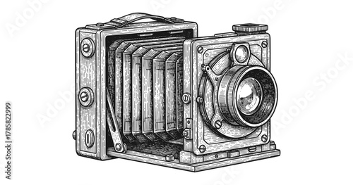 Vintage camera drawing with intricate details in black and white engraving style