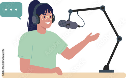 Female Podcaster Recording Podcast with Microphone and Headset, Broadcasting Live Stream or Radio Show