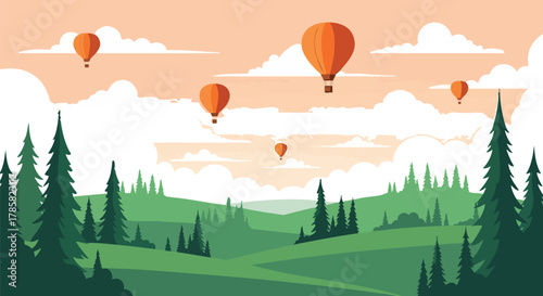 Hot Air Balloons Soaring Over a Green Valley Adventure and Tranquility