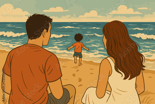 Young caucasian parents watch their child run toward the ocean waves on a sandy beach, creating a heartwarming family moment.