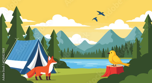 Camping Illustration Fox Bird Tent Nature and Adventure in the Mountains