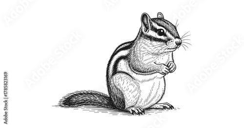 Intricate black and white drawing of a chipmunk with detailed fur and whiskers