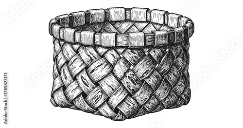 Hand drawn woven basket in vintage style on white background