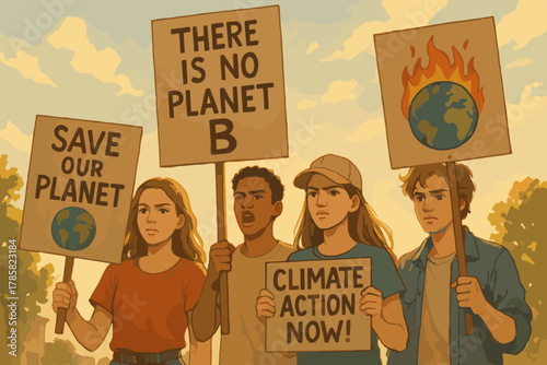 Group of diverse young activists passionately holding protest signs demanding climate action and environmental awareness.