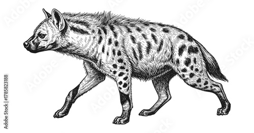 Intricate black and white hyena walking in detailed ink sketch style