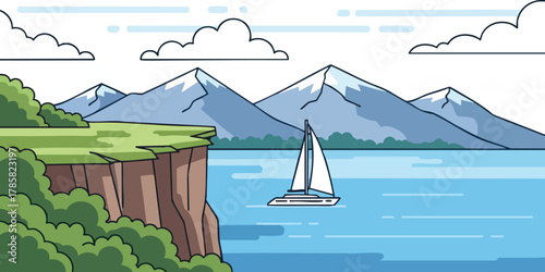 Scenic Sailboat Adventure Cliffside View with Mountains and Blue Lake