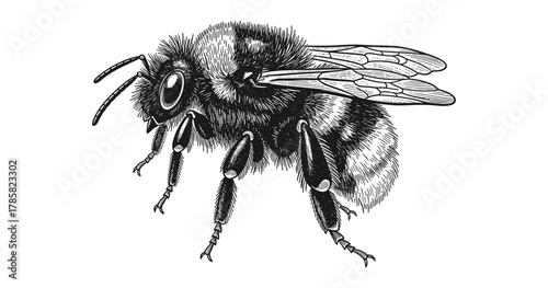 Detailed black and white bee drawing with realistic texture and line art