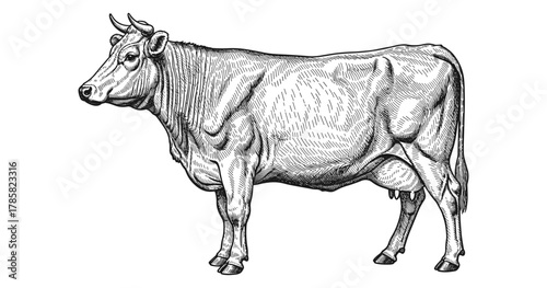Detailed vintage style drawing of a cow with crosshatching shading