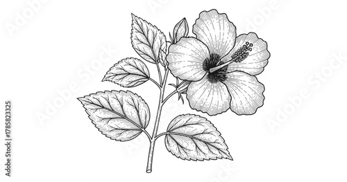 Hand drawn floral hibiscus with leaves in detailed black and white ink art style