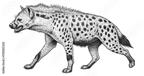 Detailed black and white hyena sketch with intricate fur and spots