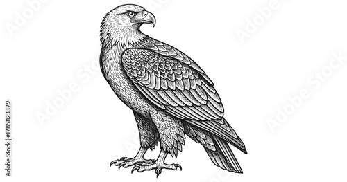 Detailed bald eagle outline in black and white with intricate feather patterns