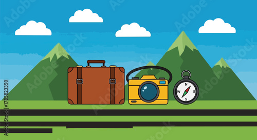 Travel Essentials Vector Suitcase Camera and Compass for Adventure