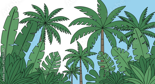 Lush Tropical Paradise Illustrated Jungle Scene with Palm Trees