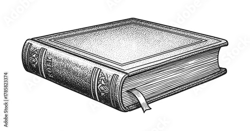 Vintage engraved book with bookmark in detailed ink style