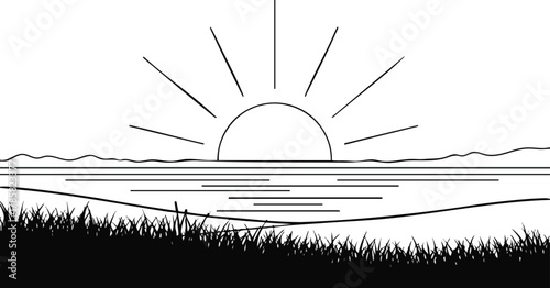 Minimalist Sunset Over Water Line Art Illustration Template
