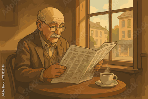 Elderly caucasian male reading a newspaper in a cozy cafe, wearing glasses and a suit, with a steaming cup of coffee on the table beside him.