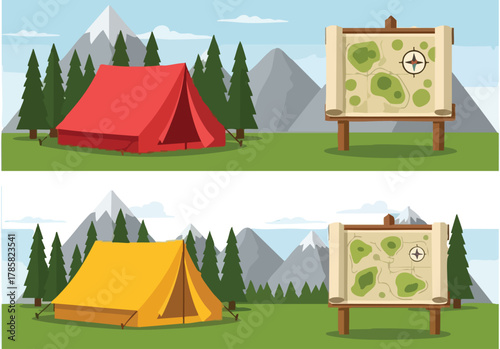 Camping Adventure Tents and Topographic Maps in the Great Outdoors Vector Illustration