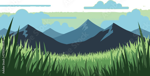Vector Mountain Landscape with Meadow Serene Nature Illustration for Backgrounds and Design Projects