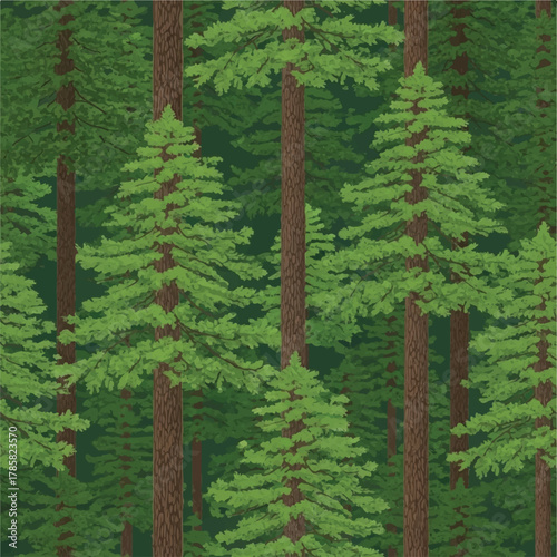 Digital illustration of a lush conifer woodland landscape with a seamless repeating pine tree pattern