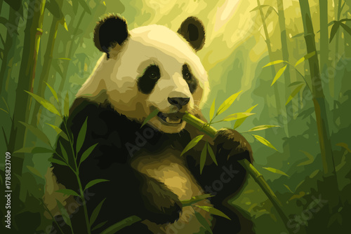 Panda calmly chewing bamboo surrounded by lush green bamboo forest, highlighting its natural habitat and peaceful demeanor.