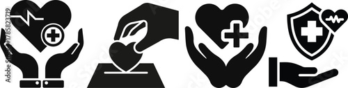 Heart in hand icon set.Donation and giving aid concept , Hands holding heart icon.Love icon. Health, medicine symbol. Healthcare hands holding heart flat and line style - stock vector.