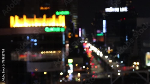 abstract city lights at night with blurred traffic and skyscraper illumination, creating a beautiful bokeh effect. Dreamy, colorful, out-of-focus background for urban and nightlife