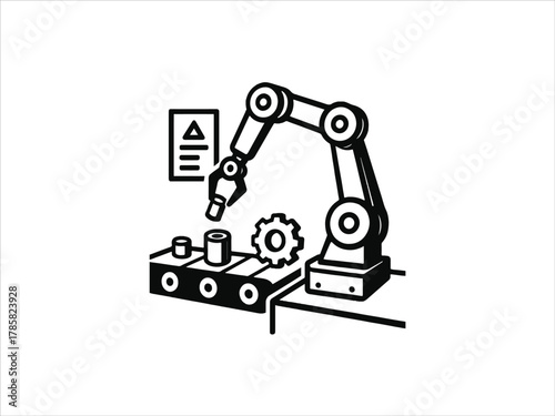 Industrial robotic arm assembling parts on conveyor belt, vector