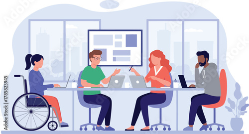 Diverse Team Meeting: Inclusive Workplace Collaboration with Wheelchair User