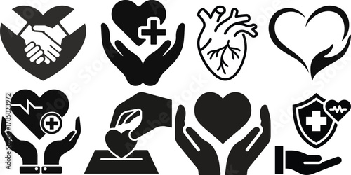 Heart in hand icon set.Donation and giving aid concept , Hands holding heart icon.Love icon. Health, medicine symbol. Healthcare hands holding heart flat and line style - stock vector.