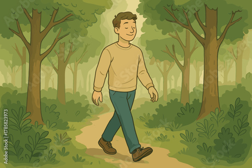 Smiling young caucasian male walking happily along a winding forest path, surrounded by lush green trees and foliage.