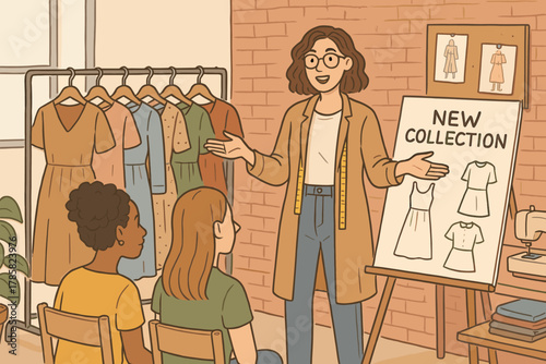 Female designer presenting a new clothing collection to a diverse group of young women in a fashion studio.