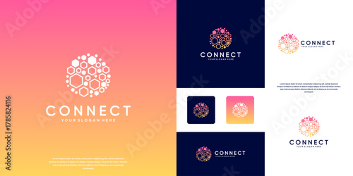 hexagonal circular arrangement, connection symbol, digital system network, graphic design template.