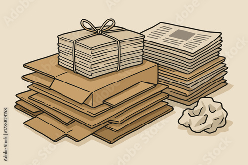 Piles of neatly stacked cardboard boxes, bundled newspapers, and a crumpled piece of paper on a beige background.