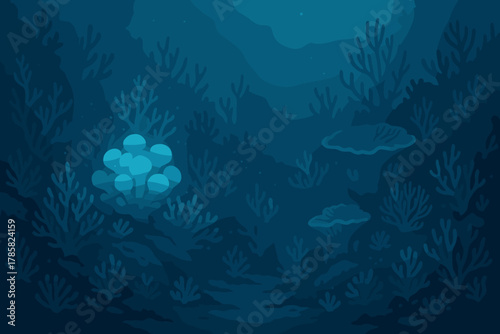 Underwater scene with various coral formations and aquatic plants in a deep blue ocean environment.