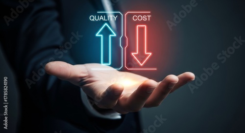 Balancing Act: Hand delicately cradling a digital representation of quality versus cost, symbolizing the need for economic efficiency.