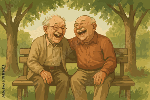 Two elderly caucasian men joyfully laugh while sitting on a bench, surrounded by a serene park setting.