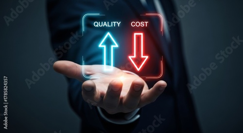 Quality and Cost: A business professional showcases a visual representation of balancing quality and cost in the business industry, depicting a graphic symbolizing optimization