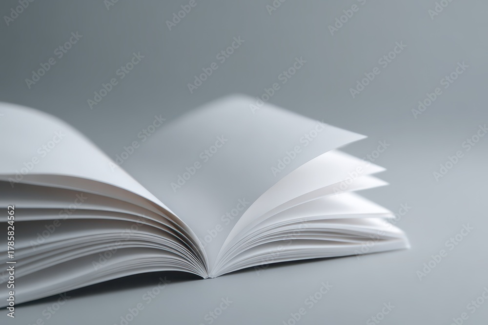 Obraz premium Minimalist open blank notebook on a cool gray backdrop with abundant negative space
