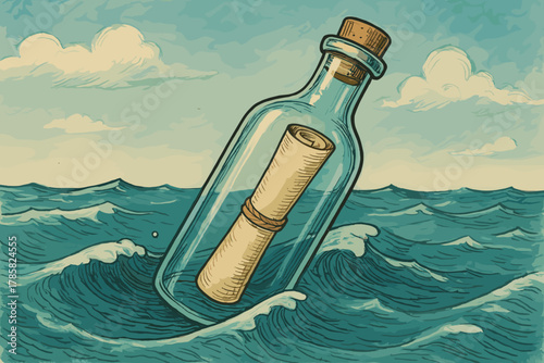 Vintage glass bottle with cork stopper floating on ocean waves, containing a rolled parchment message inside.