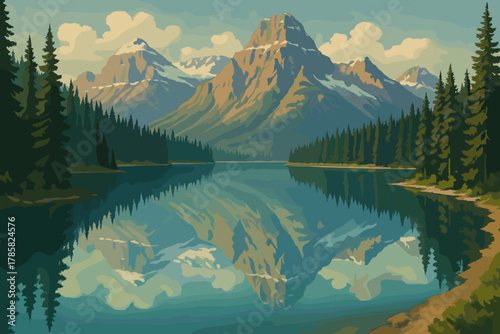Scenic mountain landscape featuring a reflective lake surrounded by pine trees and majestic snow-capped peaks.