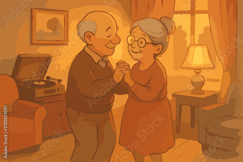Elderly caucasian couple dancing together in a warmly lit living room, sharing a joyful and tender moment with nostalgic music playing in the background.